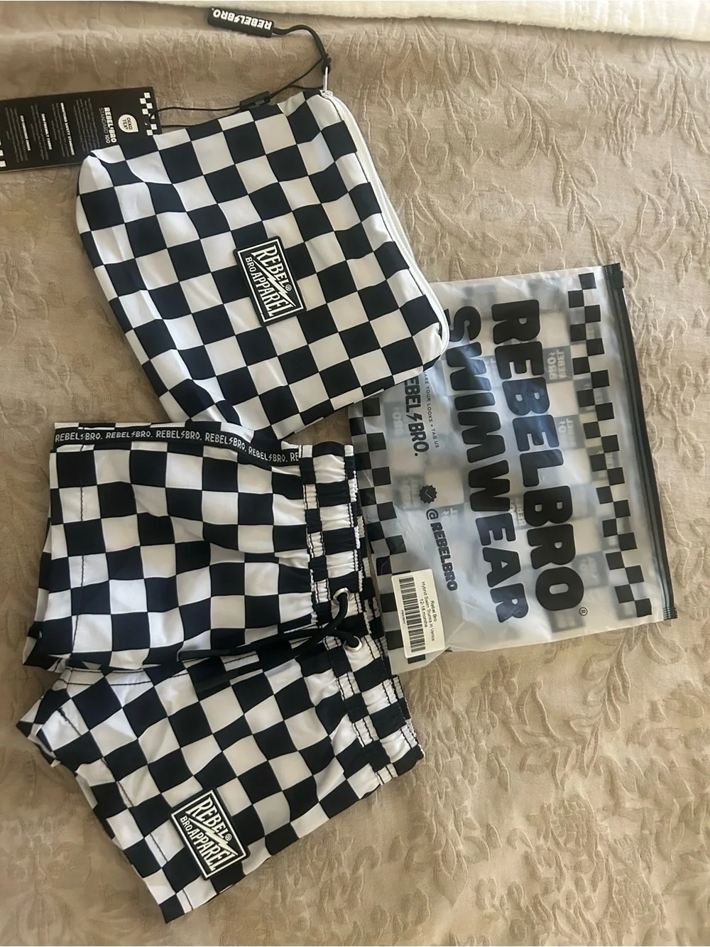 Rebel Bro Apparel Checkered Swim Trunks - Black & White 12 to 18 months